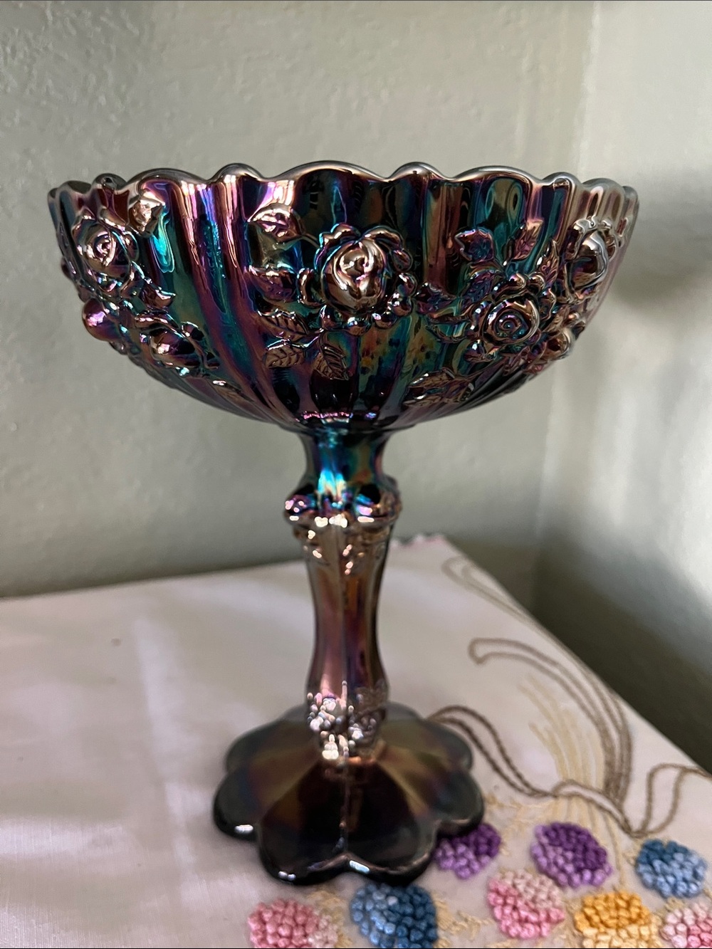 Fenton Amethyst Carnival Glass Rose Pedestal Compote Bowl Signed